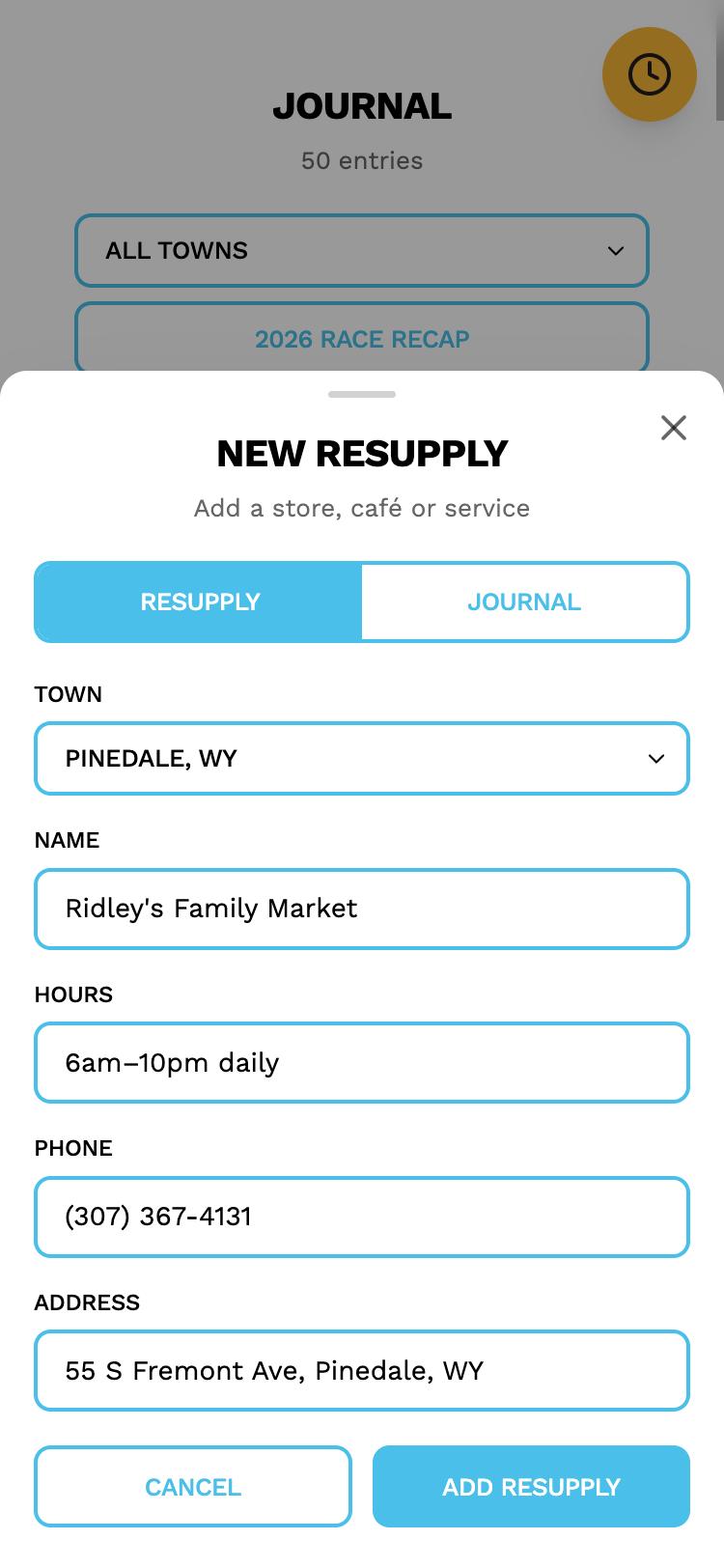 The New Resupply form, filled in for Ridley's Family Market in Pinedale, Wyoming, with hours, phone and address.