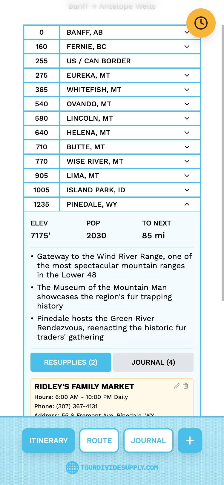The Itinerary: towns listed with their route mileage. Pinedale, WY is open, showing elevation 7175 feet, population 2030, 85 miles to the next town, three facts about the town, and its saved resupplies.