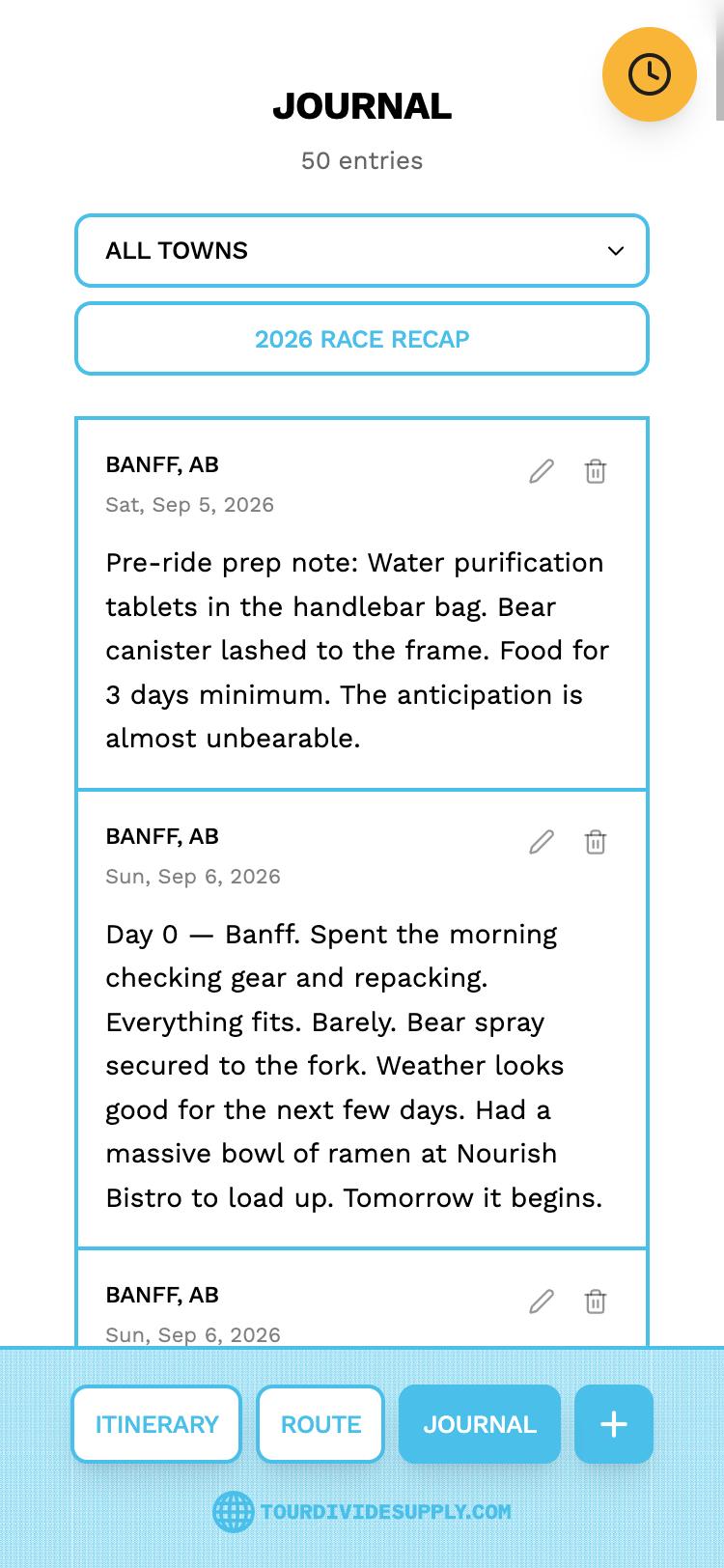 The Journal: entries from Banff dated September 5 and 6, 2026, with a town filter and a 2026 Race Recap button above them.