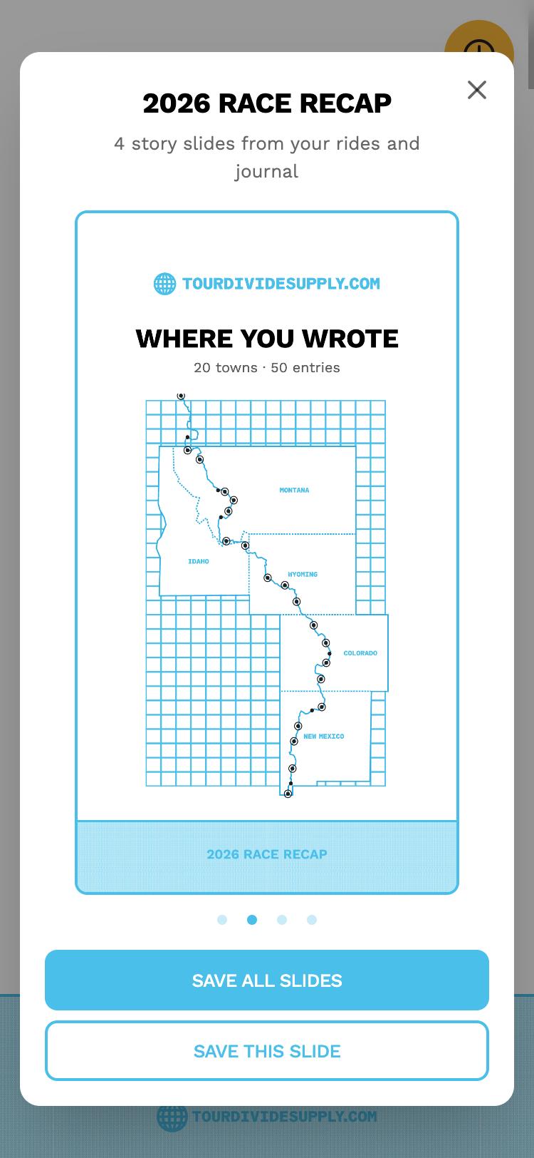 The 2026 Race Recap: a story slide titled Where You Wrote, showing the route map with the 20 towns that have journal entries.