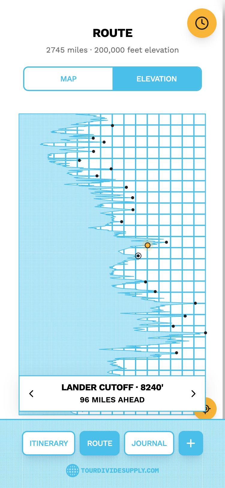 The elevation profile of the whole route, with passes marked and a card reading Lander Cutoff, 8240 feet, 96 miles ahead.