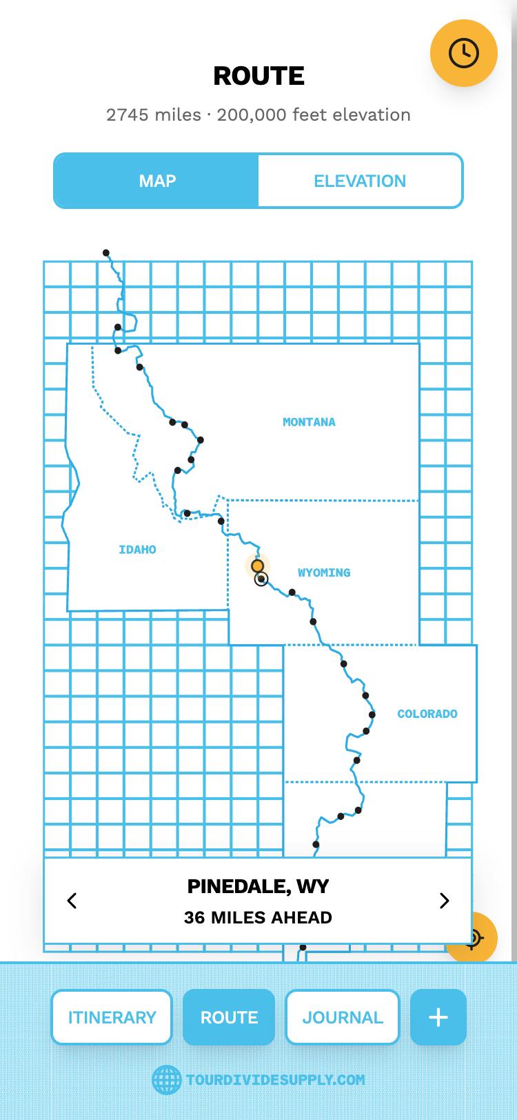 The Route map: the Tour Divide drawn across Montana, Idaho, Wyoming, Colorado and New Mexico on a 100 mile grid, with the rider's position near Pinedale and a card reading Pinedale, WY, 36 miles ahead.