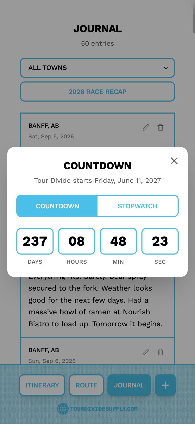 The countdown: Tour Divide starts Friday, June 11, 2027, with 237 days, 8 hours, 48 minutes and 23 seconds to go.